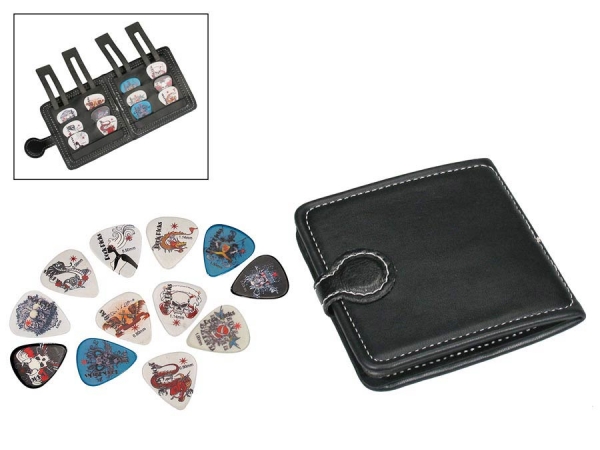 Plektrentasche aus schwarzem Kunstleder mit 12 Plektren
